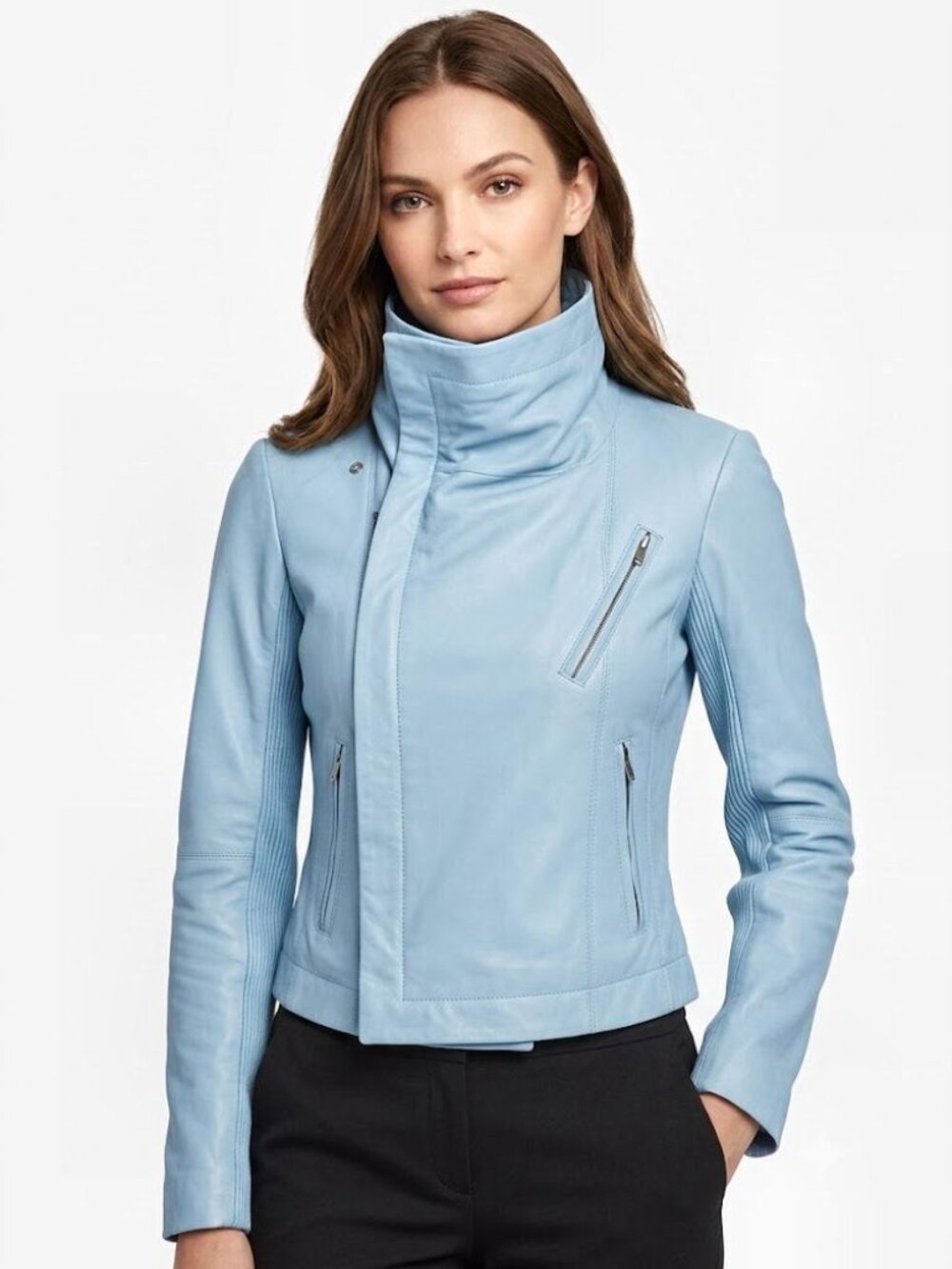 VEDA Asymmetrical Zip Leather Moto Jacket, Sky Blue, Women’s Size Medium